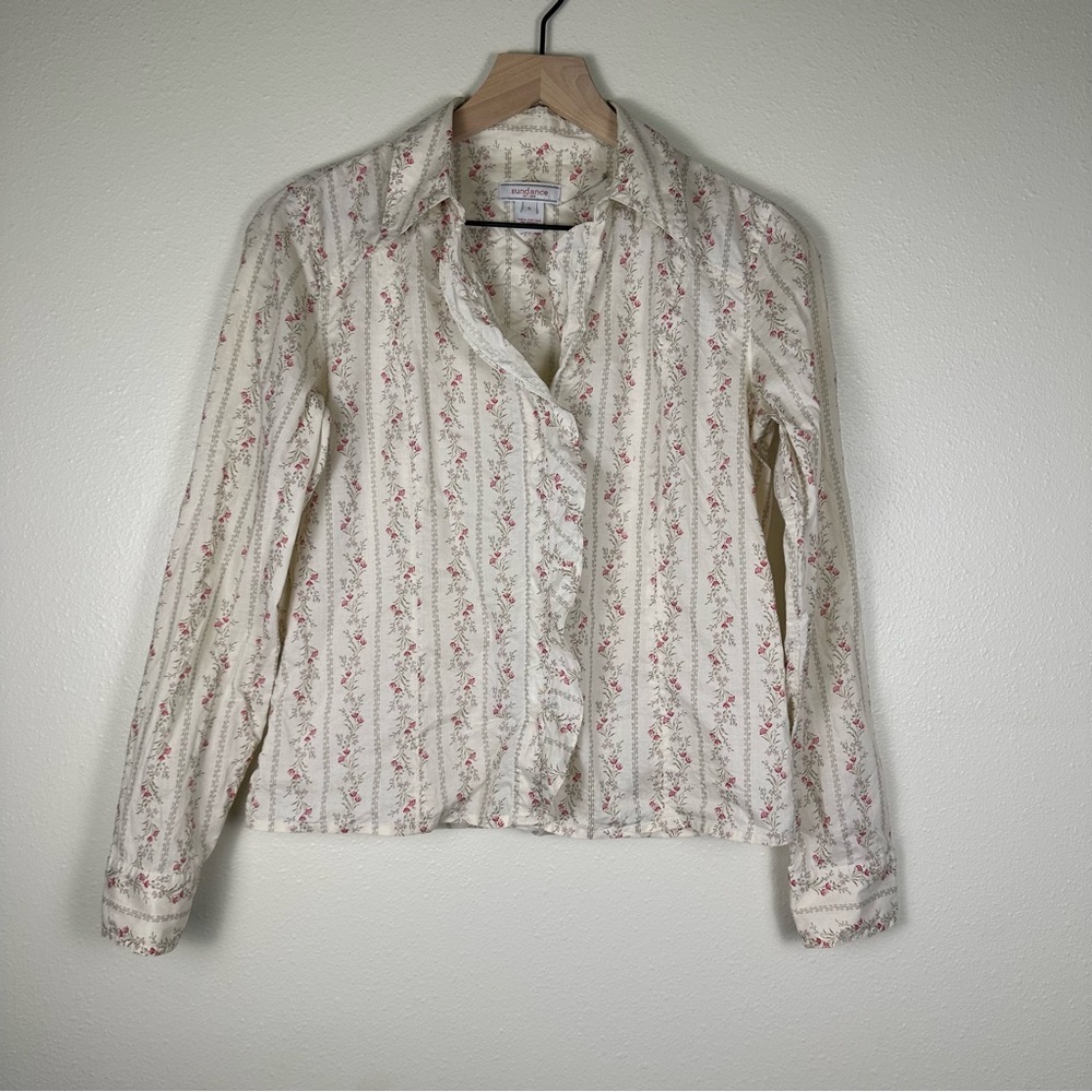 Vintage SUNDANCE Size 6 Retro Grandma Western Ruffle Floral Button-Up Women Top